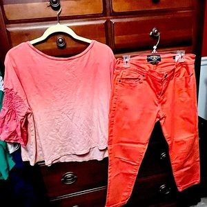 Lucky brand cropped coral jeans. Ombré peach colored top.